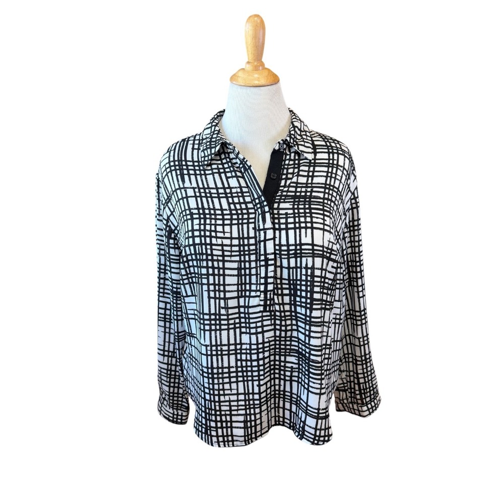 Ava & Viv Womens Black White Grid Print Long Sleeve Button Front Blouse Size X